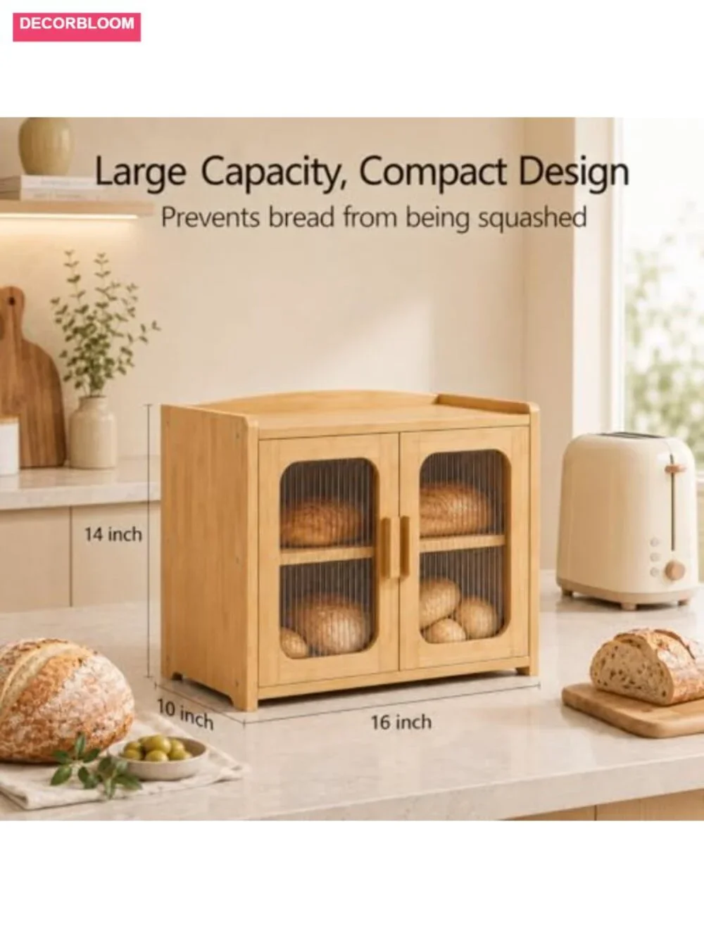 Bamboo Bread Box with Acrylic Window for Kitchen Countertop, 2 Tier Storage